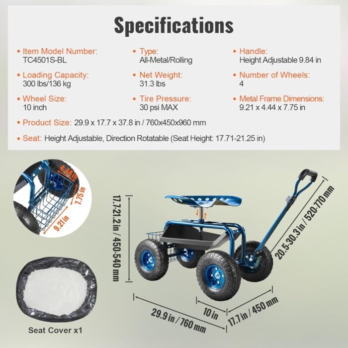 Spacious metal storage basket for garden tools on the VEVOR rolling garden stool.