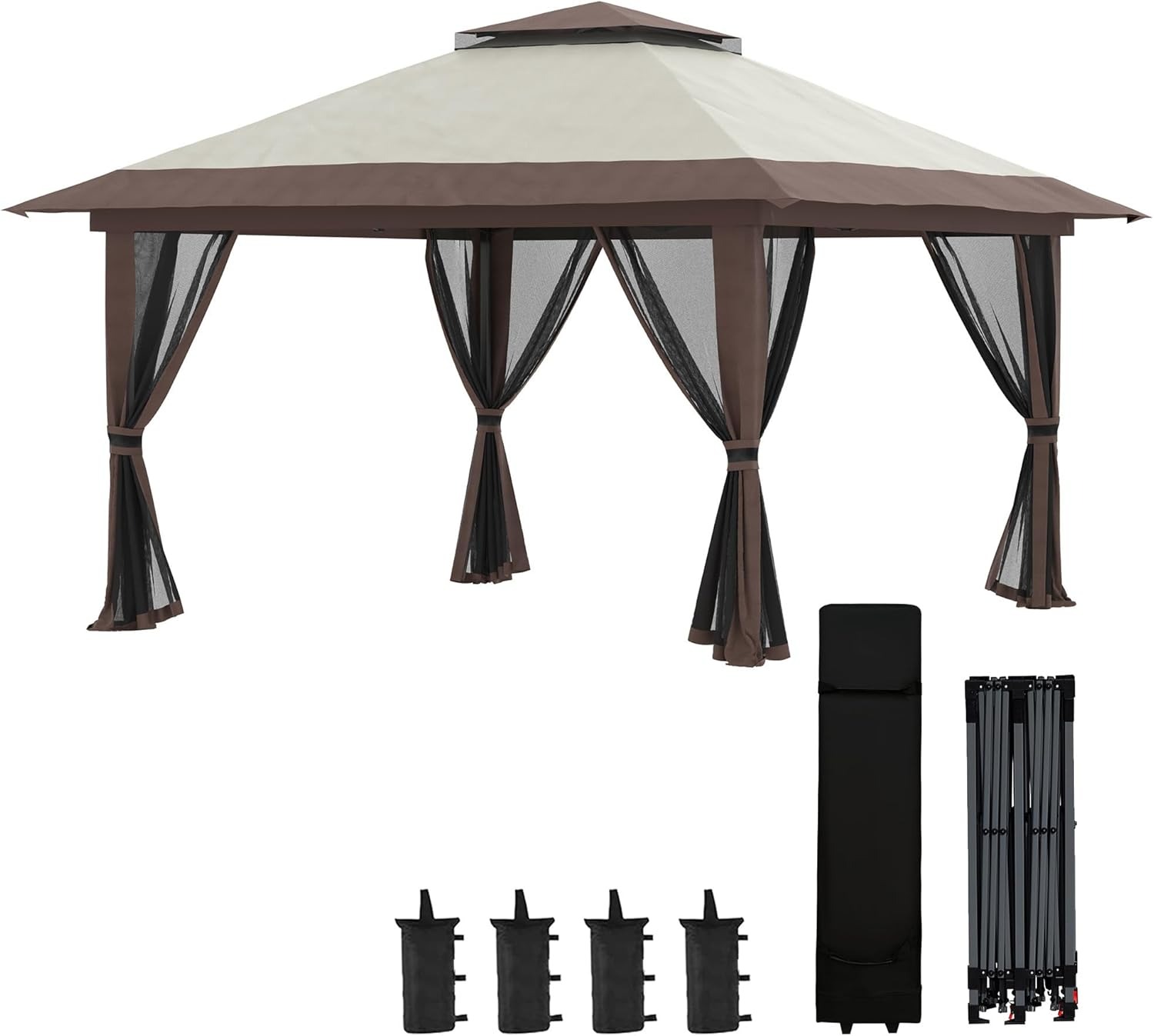 Outsunny 13' x 13' Pop Up Gazebo The gazebo set up in a garden with mesh netting for protection against insects.