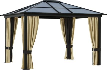 The Gazebo Canopy set up outdoors with polycarbonate roof and mesh for UV protection and comfort.