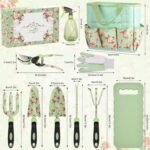 The high-quality garden tote standing upright with tools neatly stored inside, showcasing its spacious design.