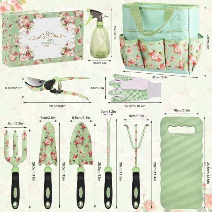The high-quality garden tote standing upright with tools neatly stored inside, showcasing its spacious design.