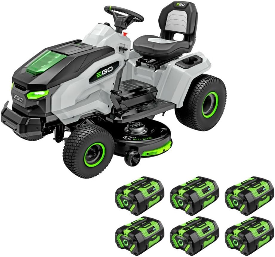 Riding Lawn Mower Overview Battery-powered EGO 42" riding lawn mower, offering 21-horsepower equivalent power for efficient mowing.