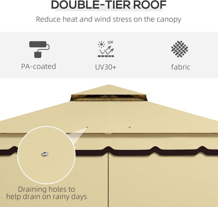 The outdoor gazebo with a UV-protected two-tier canopy, designed for optimal sunlight control and airflow.