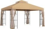 Close-up of the corner shelves in the outdoor gazebo for decorations and plants.