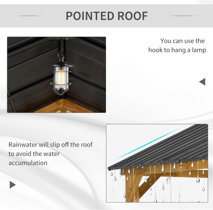 Slanted galvanized steel roof of the wooden gazebo protects from rain and UV rays.