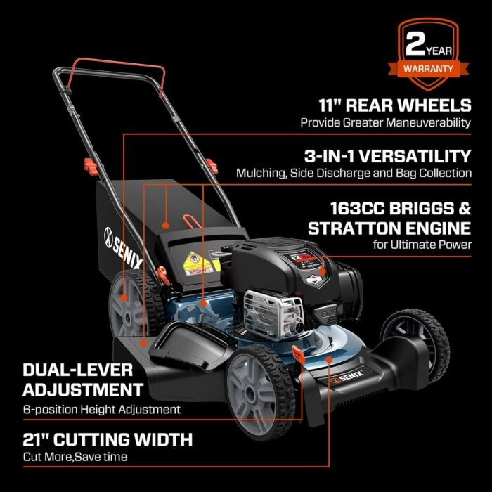 Close-up of the 163cc engine on this gas lawn mower, providing reliable power for your yard.