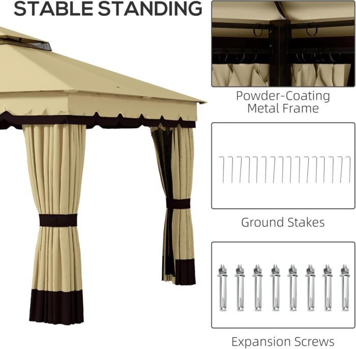 The outdoor gazebo features removable curtains and mesh netting to block insects and provide privacy.