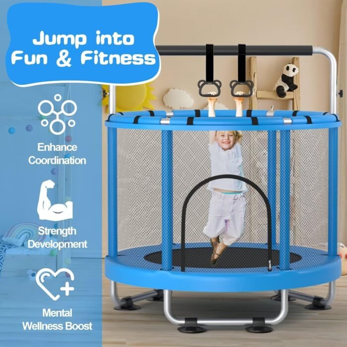 Safety features like padded poles and a secure enclosure make this outdoor trampoline for kids a perfect choice for family fun.