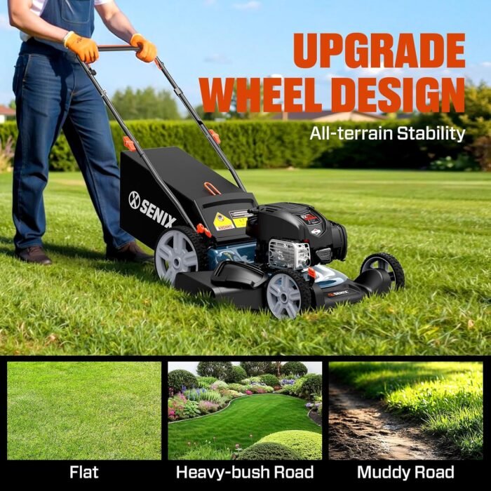 The 6-position height adjustment on this gas lawn mower for a customizable mowing experience.