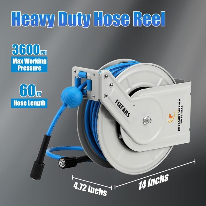 The heavy duty hose with an automatic retractable system for tangle-free storage.