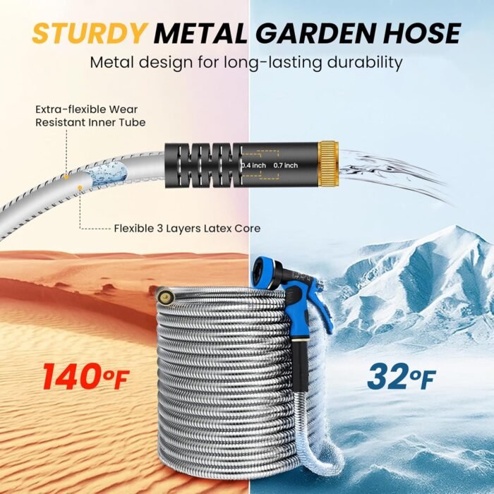 Close-up of the heavy duty hose with solid brass connectors ensuring a leak-free connection.