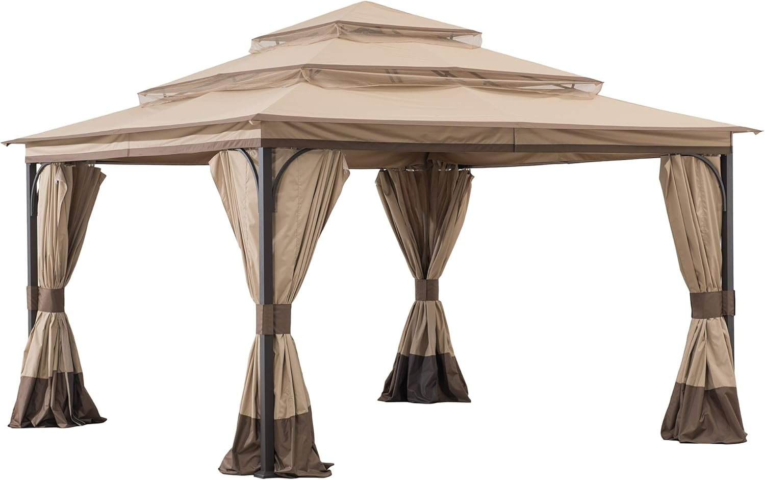 Premium 100% Polyester Fabric for Gazebo Canopy Gazebo replacement top in Khaki color shown fully assembled on the 13x13 gazebo structure.