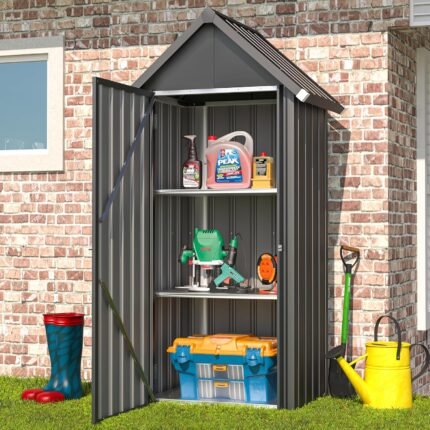 storage shed full view showing the tall, vertical profile and dark grey metal construction suitable for outside use.