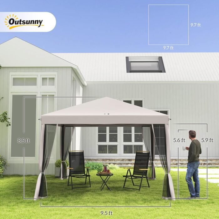 Gazebo interior view highlighting the large 100 square feet of shade, providing room for 10 people and chairs.