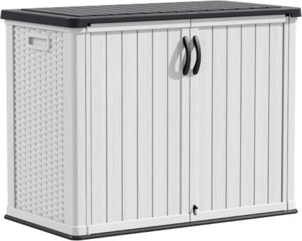 shed full view showing the large 26 cubic feet horizontal storage capacity and white color.