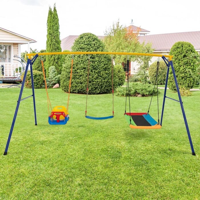 Swing Set for Kids highlighting the baby swing that transforms into three different modes for ages 6 months to 10 years.