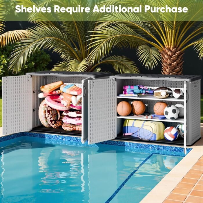 shed highlighting the waterproof capabilities and superior high-density polyethylene resin material with UV protection.