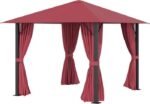 10x10 Gazebo full view showing the wine red shelter installed in a backyard with the ground support stakes visible for stability.